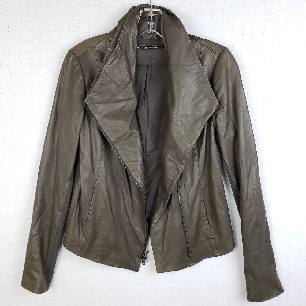 VINCE Leather Scuba Jacket Biker Lustrous Asymmetrical Minimalist Taupe Gray M - Picture 9 of 16
